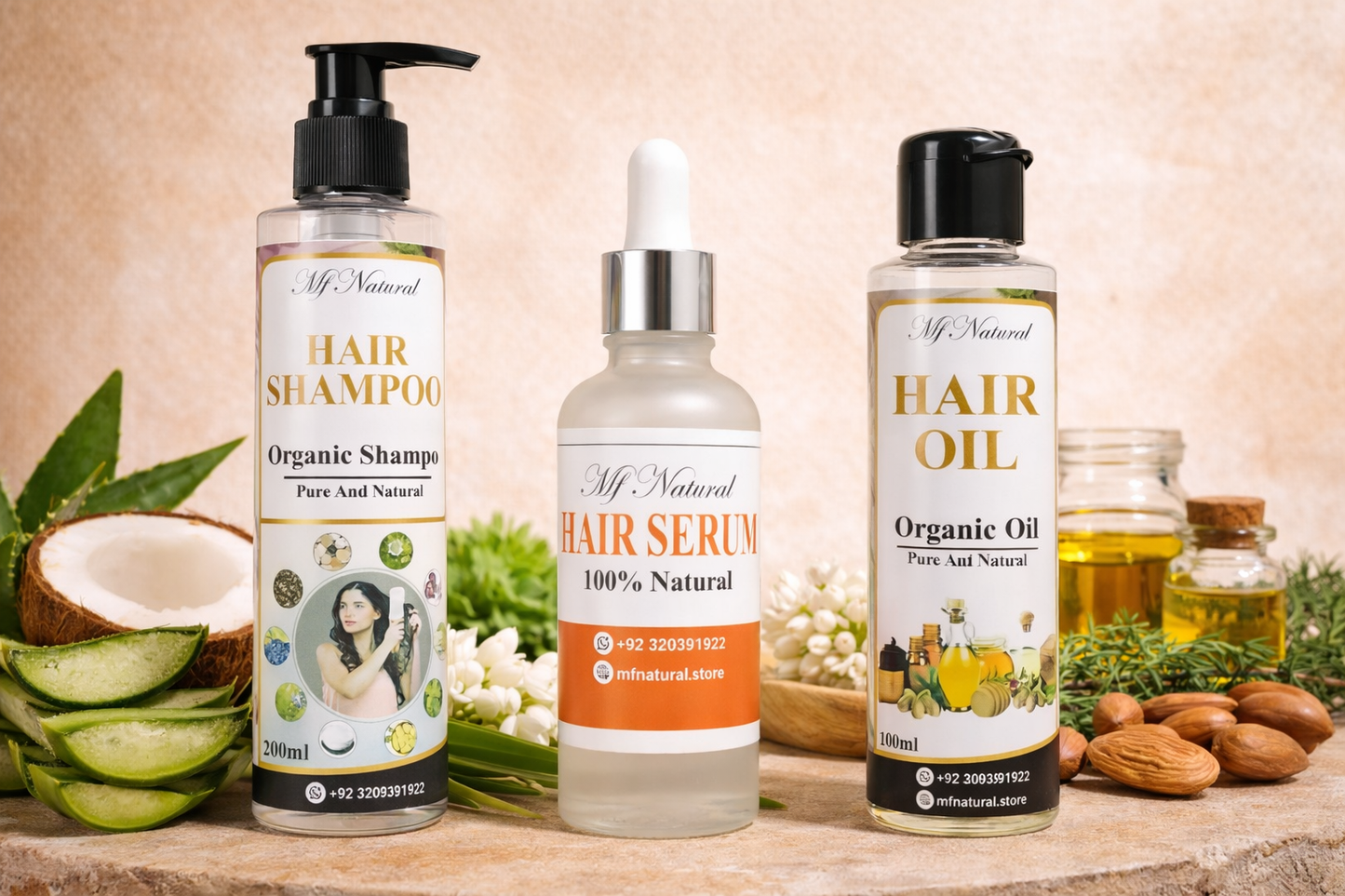 MF Natural Hair Care Set – Shampoo, Hair Oil & Hair Serum (100% Natural)
